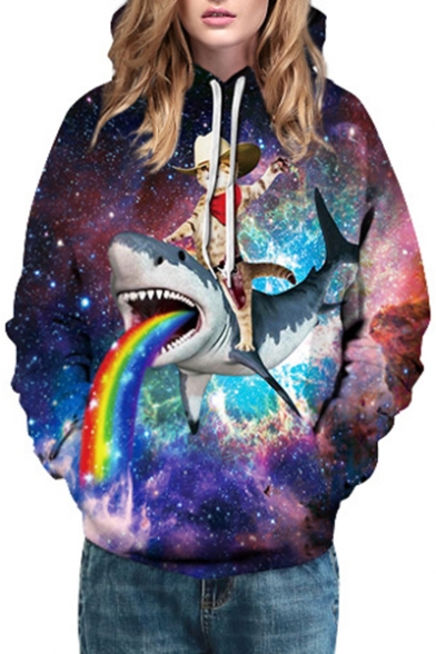 Space Cowboy-Cat Shark Rainbow Printed Long Sleeve Hoodie with Kangaroo Pocket