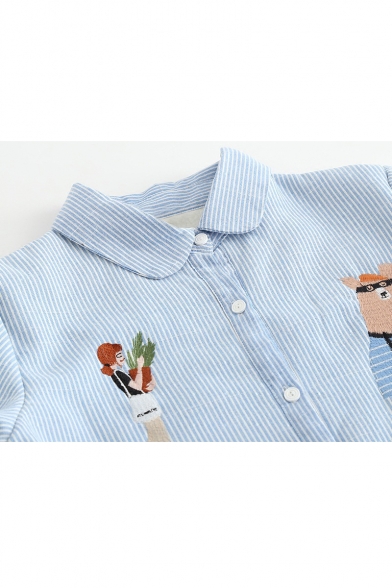 Warm Cartoon Embroidered Striped Lapel Long Sleeve Buttons Down Shirt