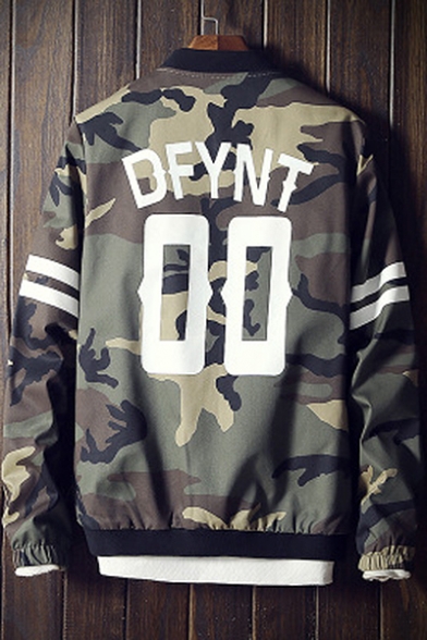 Camouflaged Letter Printed Striped Long Sleeve Zip-up Baseball Jacket with Pockets