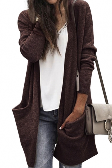 Casual Open-Front Long Sleeves Plain Knitted Longline Cardigan