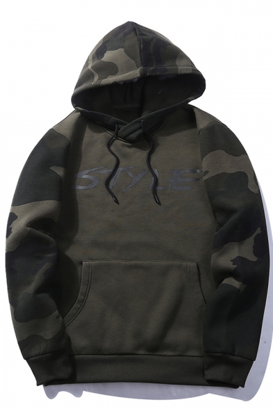Chic Color Block Letter Print Drawstring Hood Camouflage Unisex Hoodie