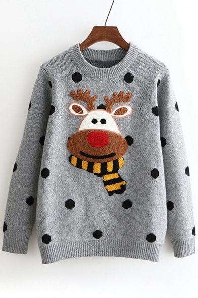 Christmas Elk Polka Dot Pattern Long Sleeve Round Neck Warm Sweater