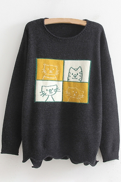 Color Block Cartoon Cat Pattern Long Sleeve Round Neck Pullover Sweater