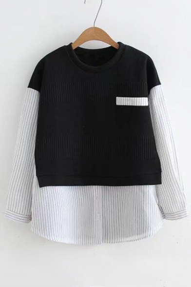 Color Block Round Neck Layered Long Sleeve Pullover Sweater