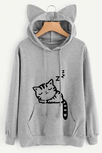 Cute Cat Print Drawstring Hood Long Sleeve Pocket Hoodie