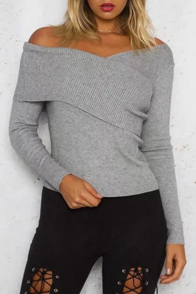 Elegant Bardot Neck Wrapped-Front Long Sleeves Knitted Pullover Sweater