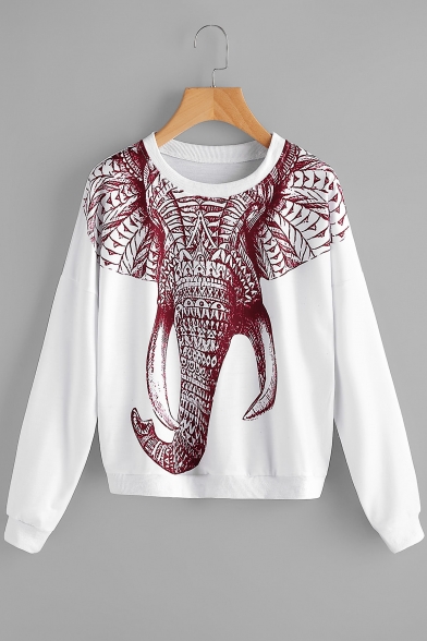 Fashion Elephant Print Round Neck Long Sleeve loose Pullover Sweatshirt