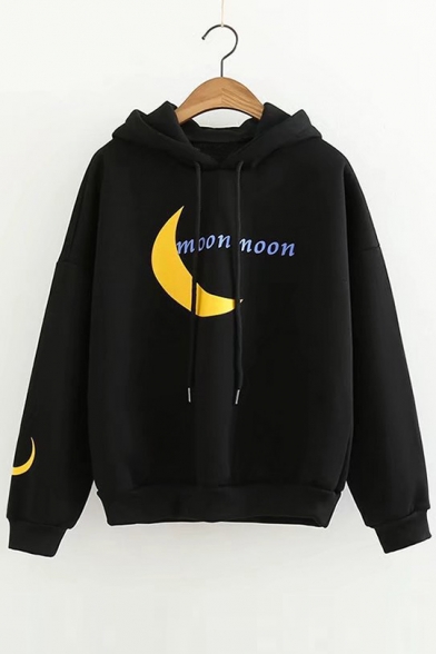Fashion Letter Moon Print Drawstring Hood Long Sleeve Hoodie