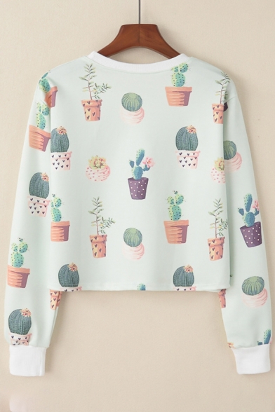 Fashionable Cactus Print Long Sleeve Round Neck Cropped Pullover Sweatshirt