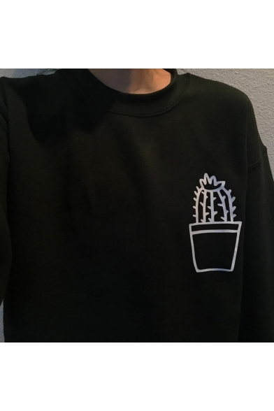 Leisure Cactus Print Long Sleeve Round Neck Pullover Sweatshirt
