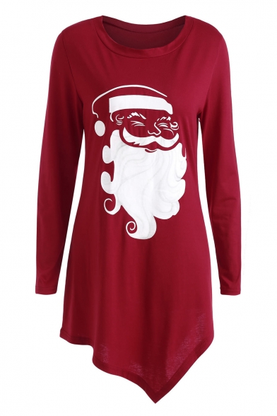 Leisure Round Neck Long Sleeves Christmas Santa Pattern Asymmetric Hem T-Shirt Mini Dress