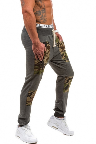 Men's Fashion Drawstring Waistband Camouflaged Patchwork Long Joggers