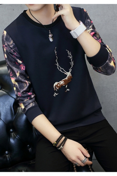 Men's Fashionable Deer Embroidered Round Neck Long Sleeve Pullover Sweatshirt