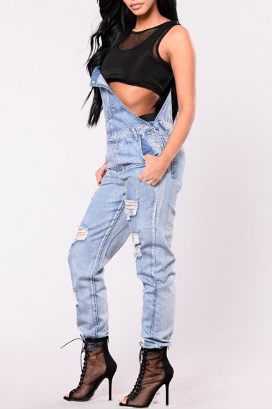 New Fashion Simple Ripped Out Denim Overall Jumpsuit