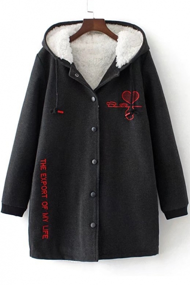 New Stylish Letter Pattern Long Sleeve Single Breasted Tunic Hooded Coat