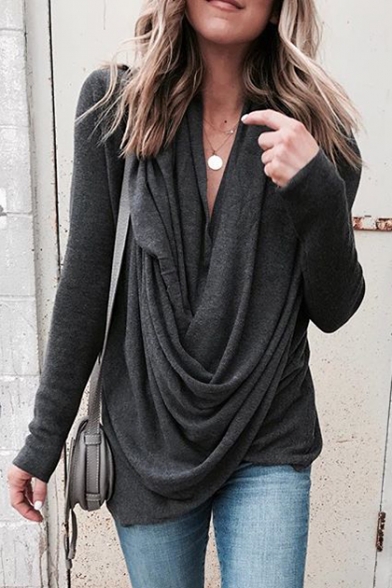 New Stylish Long Sleeve Ruched Front Simple Plain Asymmetric Tee