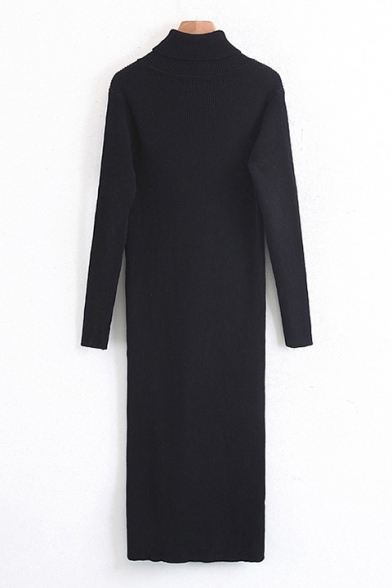Simple Plain Long Sleeve Turtleneck Split Side Knitted Dress