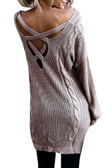Simple Plain V-Neck Crisscross Back Long Sleeve Sweater