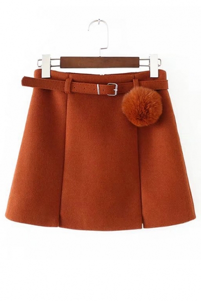 Chic Belted Waist Simple Plain Zip Fly Mini A-Line Skirt With Pom Pom