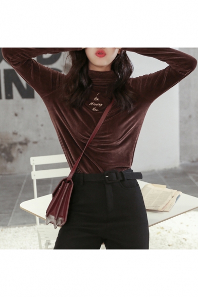 Chic Letter Embroidered High Neck Long Sleeve Tee