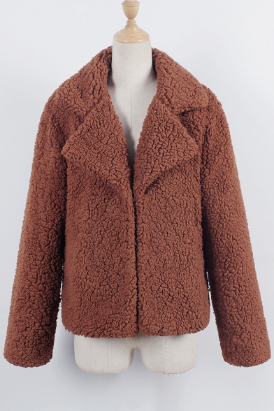 Chic Long Sleeve Notched Lapel Open Front Plain Faux Fur Coat