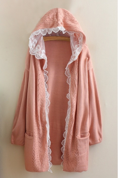 Chic Ruffle Lace Hem Hooded Long Sleeve Cardigan with Pockets