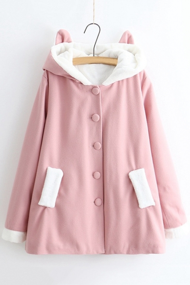 Chic Simple Buttons Down Long Sleeve Ears Hooded Woolen Coat