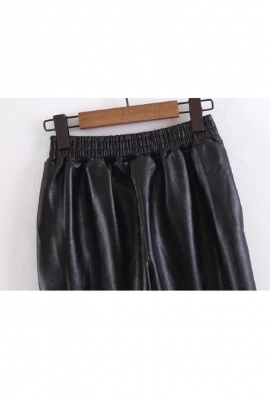 Cool Elastic Waist Faux Fur Trimmed Plain Leather Pants