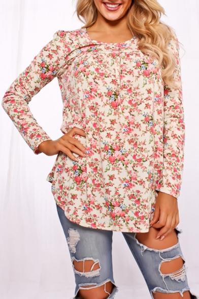 Country-Style Floral Printed Scoop Neck Long Sleeves Cowl-Front Peasant Blouse