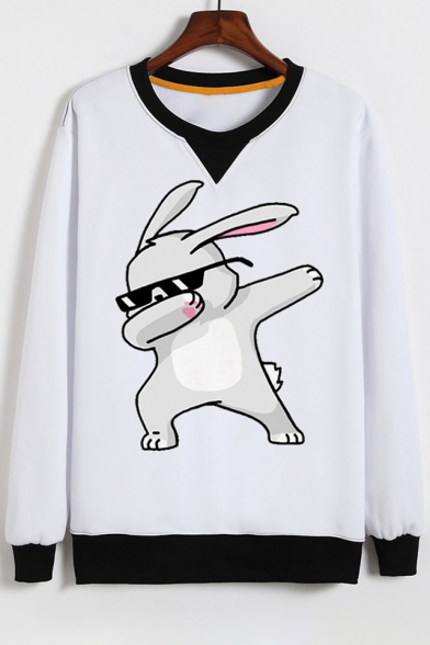 Cute Contrast Trimmed Round Neck Rabbit Pattern Long Sleeves Pullover Sweatshirt