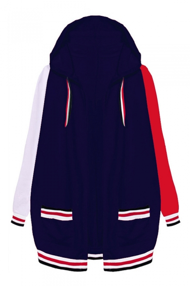 Fashion Color Block Print Long Sleeve Loose Tunic Hooded Coat