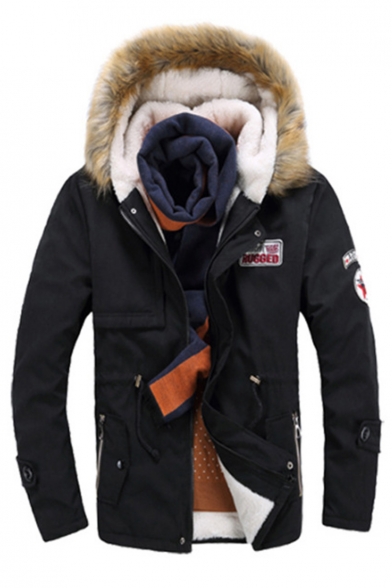 Fashion Faux Fur Embellished Hood Long Sleeve Zipper Print Tunic Coat