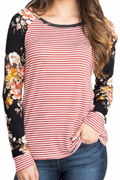 New Fashion Chic Floral Pattern Striped Round Neck Long Sleeve T-Shirt