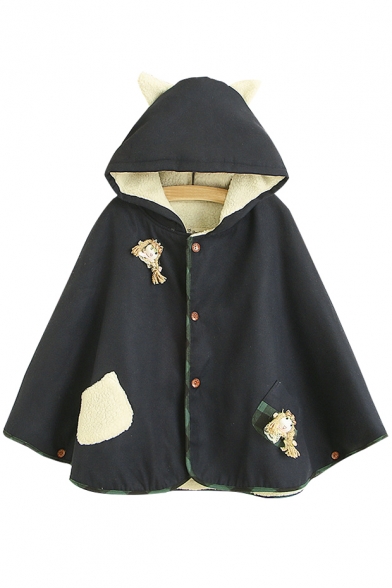 New Fashion Color Block Patchwork Dolls Embellished Buttons Down Ears Hooded Cape