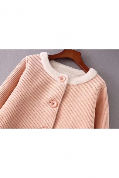 New Fashion Color Block Round Neck Long Sleeve Buttons Down Wool Coat