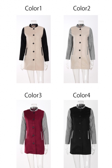 New Fashion Color Block Stand-Up Collar Buttons Down Long Sleeve Woolen Coat
