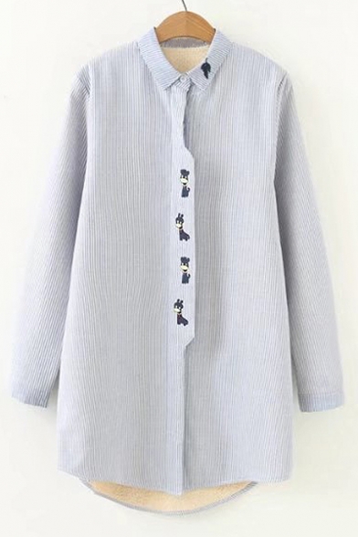 New Fashion Simple Warm Striped Embroidered Lapel Long Sleeve Buttons Down Shirt