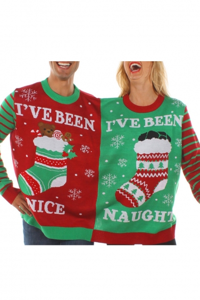 New Stylish Christmas Theme Print Round Neck Pullover Conjoined Sweatshirt for Couple