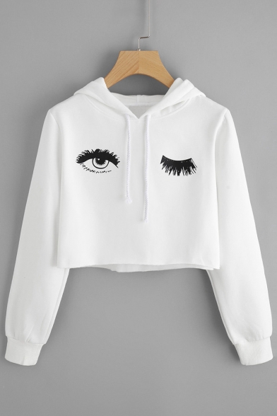 

New Stylish Drawstring Hood Eye Print Long Sleeve Cropped Hoodie, LC455944