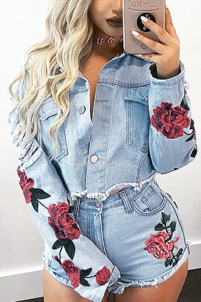 New Stylish Floral Pattern Long Sleeve Single Breasted Denim Jacket