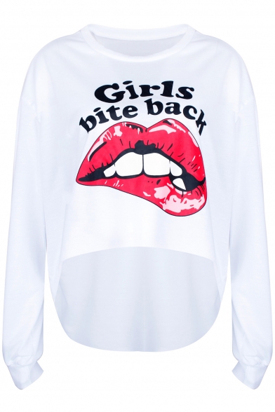 New Stylish Letter Mouth Lip Mouth Print Round Neck Long Sleeve High Low Hem Tee