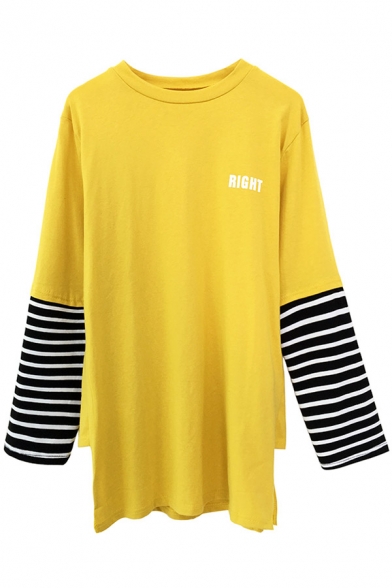 New Stylish Letter Print Striped Long Sleeve Round Neck Tunic Tee
