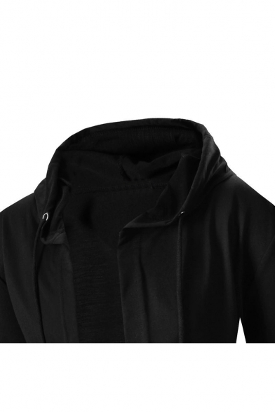 Simple Plain High Low Hem Tie Back Zipper Cuff Drawstring Open Front Tunic Coat