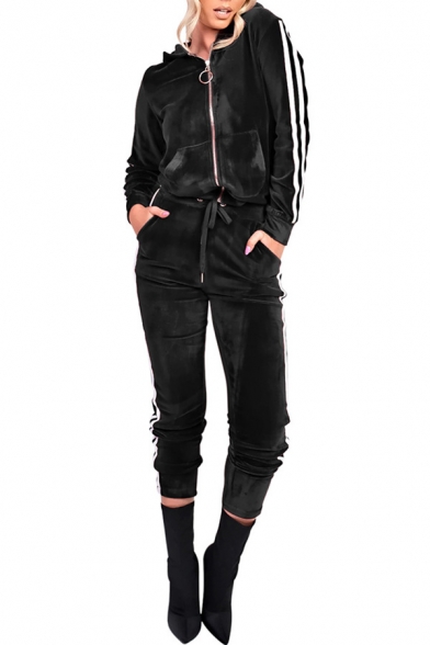 Striped Long Sleeves Hooded Zippered Drawstring Waistband Slim-Fit Velvet Co-ords with Pockets