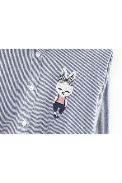 Cartoon Rabbit Embroidered Striped Lapel Long Sleeve Buttons Down Shirt