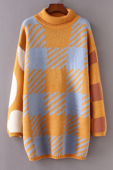 Chic Color Block Plaid Print Long Sleeve Turtleneck Sweater Dress