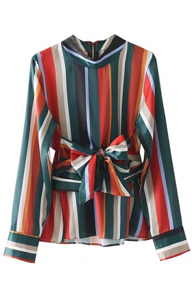 Chic Color Block Striped Print Bow Tie Long Sleeve Round Neck Blouse