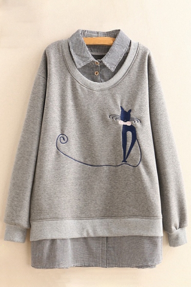 Chic Fake Two-Piece Cat Embroidered Long Sleeve Tunic Pullover Sweatshirt