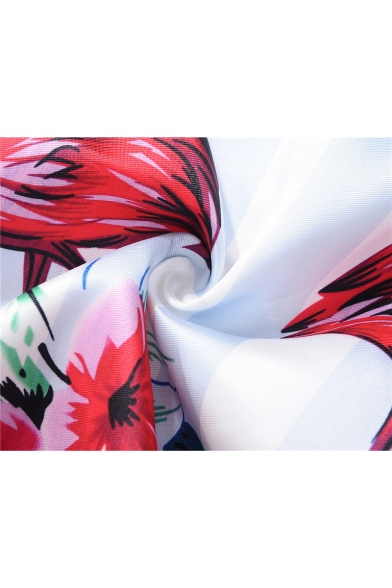 Chic Floral Flamingo Pattern V-Neck Long Sleeve Fit & Flare Midi Dress