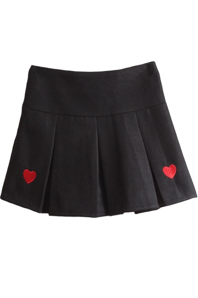 Chic Heart Shape Embroidered Zip Fly Mini Pleated Winter Skirt